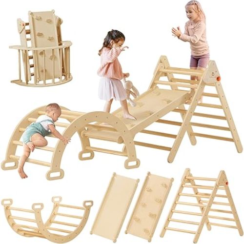 Tiny Land Pikler Triangle Set, 7-in-1 Foldable Pikler Triangle Climbing Toys Set for Kids,Baby Indoor Playground Jungle Gym, Wooden Montessori Climbing Set for Toddler (Natural)