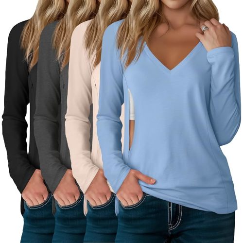 small 4 Pack Women's Long Sleeve Nursing Shirts with Hidden Zipper V Neck Breastfeeding Clothes Maternity Loose Fit Tops