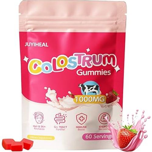 Colostrum Gummies, 1000 mg Grass Fed Colostrum Chews Colostrum Supplement for Gut Health, Hair Growth, Beauty, and Immune Support, Strawberry Flavor 60 Servings