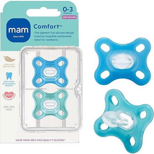 MAM Comfort Baby Pacifier 0-3 Months Specially for Smaller Newborn Mouths,Lightweight One-Piece BPA-Free Silicone, Easy to Clean, Best for Breastfed Babies, 2 Pk, Sterilizer Case, Made in Europe