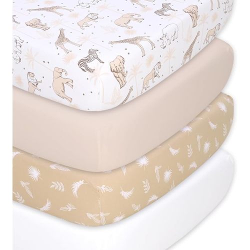 The Peanutshell 4-Pack Organic Fitted Crib Sheet Set - Soft & Breathable Baby Girl or Boy Crib Sheets, 100% Jersey Cotton Nursery Decor, Fit for Standard Mattress Cover- Caramel Safari