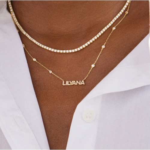 18K Gold Custom Yasmine Nameplate Necklace - Gold/Pavé