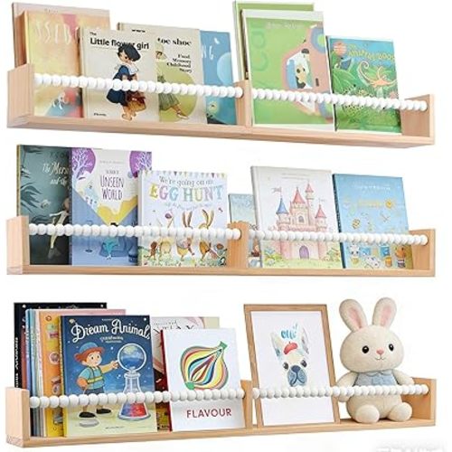 Nursery Bookshelf,Set of 3 White Wood Floating Bookshelf for Kids,Nursery Shelves for Wall,Bathroom Decor, Kitchen Spice Rack (White 3)