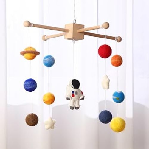 Space Nursery Mobile for Crib Wooden and Felt Solar System Planets Astronaut Space Nursery Decor Mobile for Baby Bed Crib Decoration Gift for Newborn
