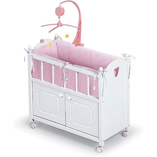 Badger Basket Wooden Toy Doll Bed with Bedding, Storage Cabinet, Mobile, and Wheels - Fits 18 to 22-Inch Dolls, White with Pink Gingham Fabric for Pretend Play