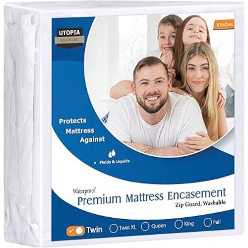 Utopia Bedding Premium Waterproof Bed Bug Mattress Cover, Twin Zippered Mattress Protector, 8 Inches Deep, Dust Mite Proof 6-Sided Mattress Encasement for Bed