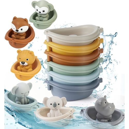 Baby Bath Toy Stackable Infant Bathtub Toys Stacking Floating Boat Train with Animal Finger Puppets Bath Toy Silicone Hand Puppet Educational Beach Toys for Babies Toddlers Party Favors