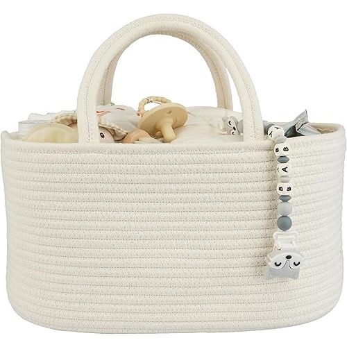 Large Baby Diaper Caddy Organizer for Girl Boy Rope Nursery Storage Bin Basket Portable Holder Tote Bag for Changing Table Car Travel Baby Shower Gifts Newborn Essentials Registry Must Haves White