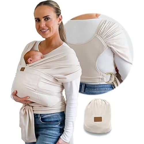 Stylish Beige & Gold Baby Carrier Wrap: Comfortable, Soft & Supportive, Adjustable Ring Sling for Mom & Dad, Ideal for Baby Registry, Newborn to Toddler, Baby Shower