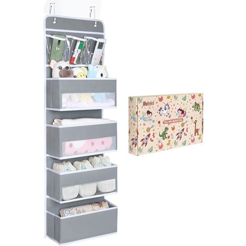 Univivi Door Hanging Organizer Nursery Closet Cabinet Baby Storage with 4 Large Pockets and 3 Small PVC Pockets for Cosmetics, Toys and Sundries with Gift Box (Grey)