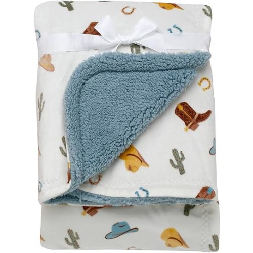 2 Ply Silky Baby Blanket, Reversible to Flannel, Western Ranch Print (Grey and Cream, 30 in. x 40 in.)