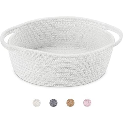 ABenkle Cute Small Woven Basket with Handles, 12"x 8" x 5" Rope Room Shelf Storage Basket Chest Box for Cat and Dog Toys, Empty Decorative Gift - White