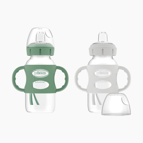 Dr. Brown's Wide-Neck Sippy Spout Bottle with Silicone Handles (2 Pack) - Green & Grey, 9 Oz, 2