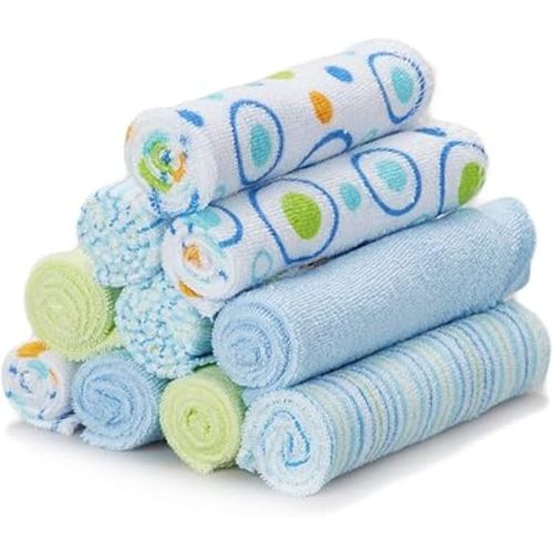 Spasilk Washcloth Wipes Set for Newborn Boys and Girls, Soft Terry Washcloth Set, Pack of 10, Blue Circles