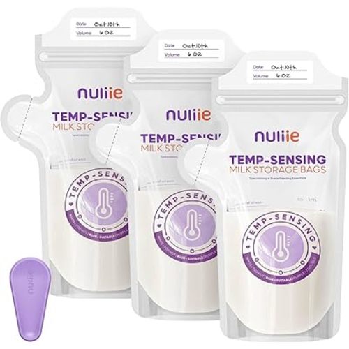 Nuliie 150pcs Temp-Sensing Breastmilk Storage Bag, Huge Temp-Sensing Icon & Locking Clamp, 6oz Breast Milk Storage Bags Freezer Pour Spout, Self Standing Milk Storage Bags Breastmilk, BPA-Free No-Leak