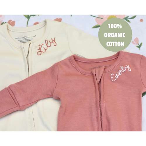 Monogrammed Organic Zipper Footie with Baby Name Embroidered Coming Home Outfit Idea for New Baby Personalized Sleeper for Baby Shower Gift
