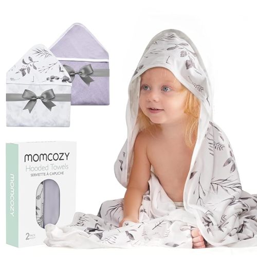 Momcozy Hooded Baby Towel, 2 Pack and Cotton Bath Towel with Hooded, Large 35 X 35 Inch, Baby Towel Set for Boy or Girl,Infant and Kid, Ink Wash Leaves - Toddler Bath Towel ( 35 X 35 Inch )