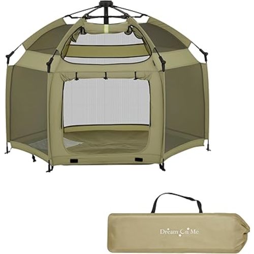 Dream On Me Pop Up Children Playpen in Taupe Green, Easy Set Up for Babies and Toddlers, Breathable Mesh Sides, One Hand Easy Fold, Travel Bag Included