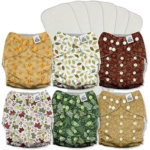 Mama Koala 3.0 Pocket Cloth Diapers for Babies with AWJ Lining, 6 Pack with 6 5-Layer Natural Cloth Diaper Inserts - Reusable and Washable Pocket Diapers(A-Falling Leaves)