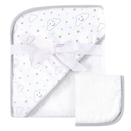 Hudson Baby Infant Cotton Hooded Towel And Washcloth 2pc Set, Gray Clouds, One Size