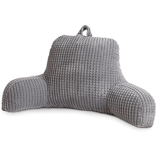 A Nice Night Reading Pillow Bed Wedge Large Adult Children Backrest with Arms Back Support for Sitting Up in Bed/Couch for Lounging Bedrest,Waffle Stereoscopic Design,Grey