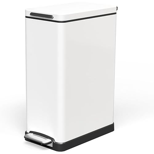 Home Zone Living 12 Gallon Slim Kitchen Trash Can with Slow Close Lid and Step Pedal, Stainless Steel, Matte White, 45 Liters