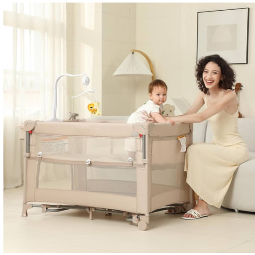 5 in 1 Pack and Play, Baby Bassinet Bedside Sleeper, Baby Playard, Bedside Crib with Changing Table, Foldable Travel Playard for Newborn to Toddles (Beige)
