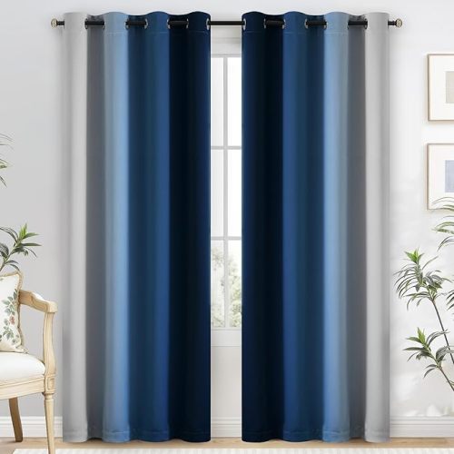 Yakamok 100% Blackout Curtains 84 Inch Length 2 Layers,Blue Curtains for Bedroom Ombre Room Darkening Grommet Gradient Drapes, Light Blocking Thermal Insulated Window Curtains for Living Room