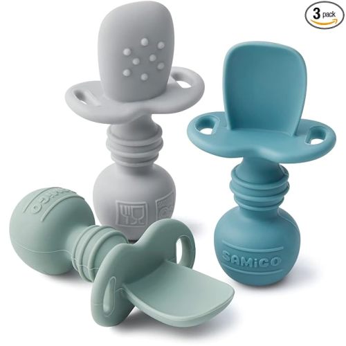 SAMiGO Silicone Baby Spoons Self Feeding 6+ Months - Infant Toddler Utensils - First Stage Baby Led Weaning Feeding Supplies - Set of 3 Pack