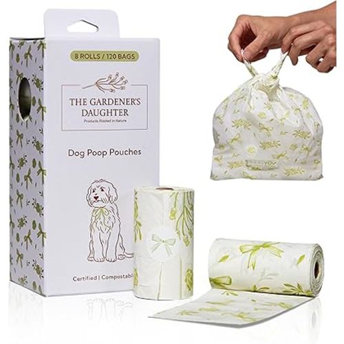 The Gardener’s Daughter Home Compostable Dog Poop Bags - 20 Micron Extra Thick (33% Thicker) - Lavender Scented, 120 Count - TÜV & OK Home Certified - Leak-Proof - Elegant White with Green Ribbon