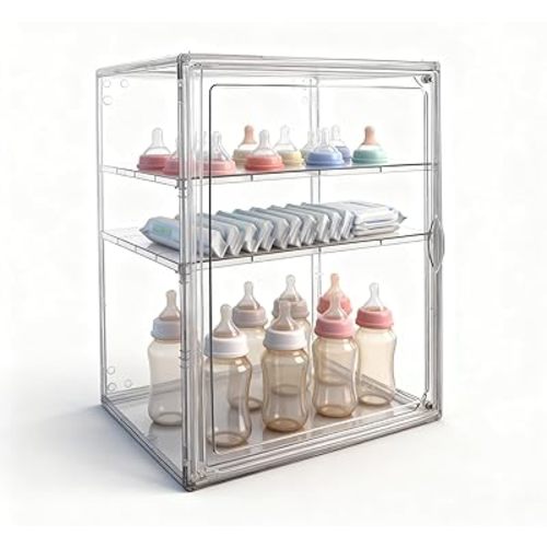 Baby Bottle Organizer, 3 Tiers Adjustable Clear Acrylic Storage Station Case Box Container for Bottles, Pacifiers, Pump Parts, Bottle Organizer Baby for Countertop and Cabinet (M)