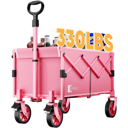 Sekey 330LBS Collapsible Foldable Wagon Cart with Brake Wheels Large Capacity Folding Beach Pink Lightweight Heavy Duty Utility Garden Grocery Wagon and Cart for Camping Shopping, 1 Year Warranty