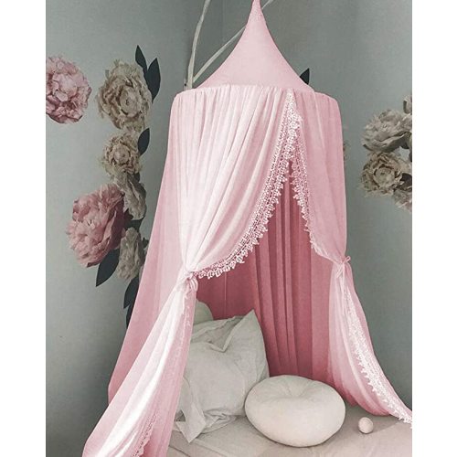 Princess Bed Canopy Mosquito Net for Kids Baby Crib, Round Dome Kids Indoor Outdoor Castle Play Tent Hanging House Decoration Reading nook Cotton Canvas,Pink