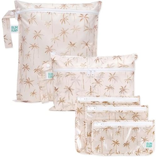 Bumkins Waterproof Wet Bag and Packing Pouches, TSA Airline Compliant, Pack for Baby, Travel, Swim Suit, Cloth Diapers, Pump Parts, Pool, Gym Clothes, Toiletry, Daycare, Zip Bag, 5-pc Set Palm Trees