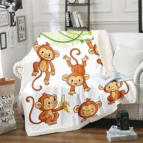 Kids Cute Monkeys Fleece Throw Blanket Cartoon Monkey Banana Decor Sherpa Blanket Boys Girls Wild Animal Pattern Plush Blanket Natural Wildlife Fuzzy Blanket for Sofa Bed Couch,Baby 30x40 Inch