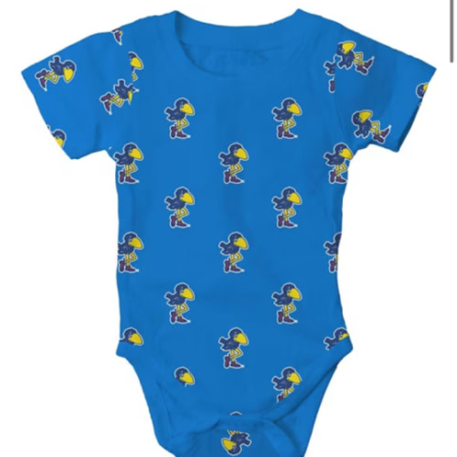 Wes and Willy Kansas Jayhawks Baby ROYAL All Over Print 1912 Bird One Piece - 42150971