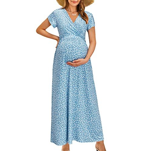 OUGES Maternity Maxi Dress Wrap V Neck Baby Shower Pregnancy Dresses for Photoshoot