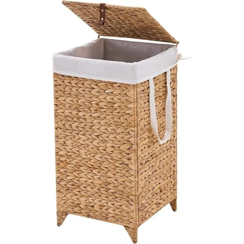 Laundry Hamper with Lid and Removable Liner Bag, Handwoven Natural Hyacinth Clothes Hamper with Heightened Feet, Wicker Laundry Basket for Clothes and Towels,Small