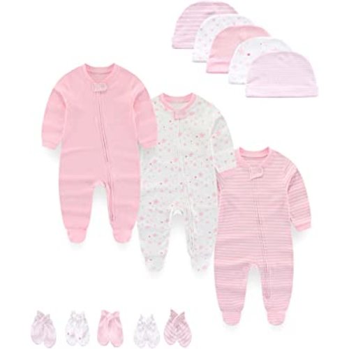 Baby Boy Girls Clothes 2-Way Zip Footed Long Sleeve 100% Cotton,Newborn Caps and Scratch Mittens Set 0-6 Months