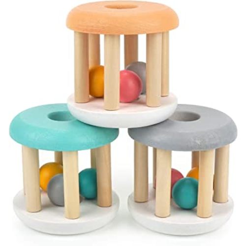 Montessori Infant Toys, Natural Wood Rolling Rattle Toy for Babies Ages 0m – 2yrs (White Base - 3pcs)