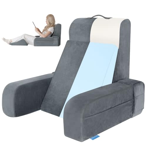 Kayfia Reading Pillow, 10 in 1 Back Pillow for Bed Sitting up with Detachable Arms Rest, Back Rest with Gel Memory Foam, Husband Pillow for Reading/Gaming/Working in Bed or Couch 19", Gray