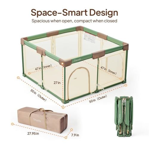 Tinyiota Foldable Baby Playpen, 50x50 Inch Portable Play Yard for Babies and Toddlers with Soft Breathable Mesh, Storage Bag & 2 Pull-Toy Handles for Indoor & Outdoor (Green, 50x50)
