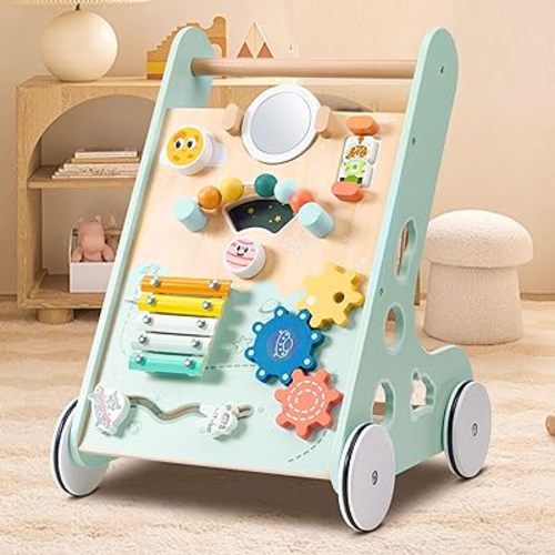 Wooden Baby Walker Push and Pull Learning Activity Walker, Baby Push Walker for Boys and Girls, Walker Toys with Montessori Inspired Interaction for 1 Year Old Baby Activity Center, Green