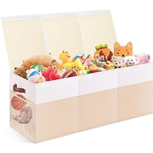 Extra Large Toy Storage Box with Lid, Collapsible Sturdy Toys Chest Storage Organizer Bin Basket with Divider for Kids, Boys, Girls, Closet, Playroom, Bedroom, Nursery, 40"X14"X16", Beige & White