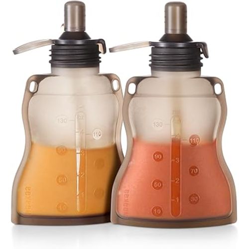 haakaa Silicone Refillable Squeezy Baby Food Yummy Pouch Homemade Organic Food for Babies/Toddlers/Kids, 2 Pack 4 oz, Grey