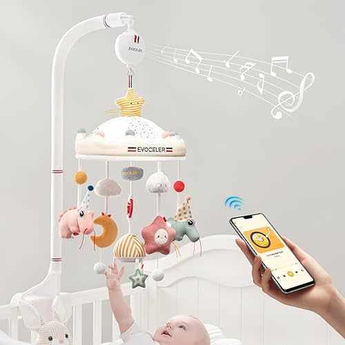 Evoceler 3-in-1 Baby Crib Mobile, with an Extra Detachable Mobile Set & 2 Chew Toys, Music Mobile for Crib with 35 Lullabies, Bluetooth, 128MB TF Card, Mirror, Wood Ring, Dinosaur Crib Mobile