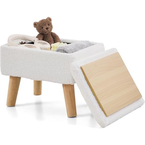 Poofzy Small Ottoman with Storage, Small Foot Stool with Storage, Teddy Velvet Storage Ottoman Foot Rest for Couch, Foot Stools for Living Room (White)
