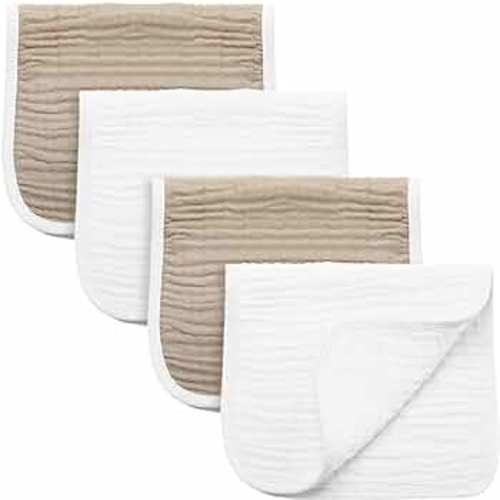 Synrroe Burp Cloths Large, Muslin Burp Cloths for Baby Girls and Boys, Pack of 4 Extra Absorbent and Soft Muslin Bibs, 6 Layers 20 by 10 Inches 100% Cotton (White and Brown 4 Pack)