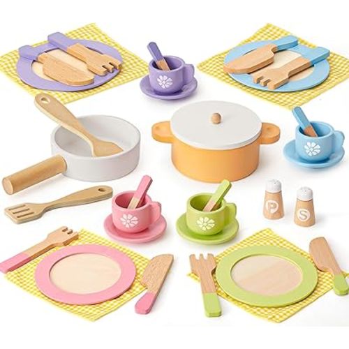 Toyssa 34 PCS Wooden Play Dishes and Plates Kitchen Set Toys for Toddler, Kids Play Kitchen Accessories with Pan & Tableware, Montessori Pretend Cooking Set Birthday Gifts for 3 4 5 6 Years Girls Boys