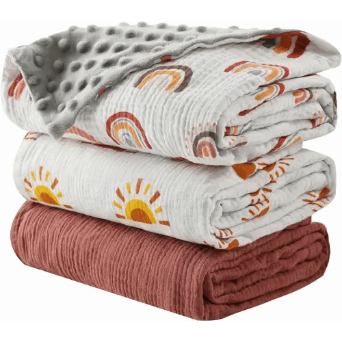 3 Pack Soft Boho Baby Gender Neutral Blankets for Newborn Baby Girls or Boys Unisex Nursery Toddler Baby Throw Blanket Double Layer Blankets with Dotted Backing Sun Rainbow Printed (Boho)